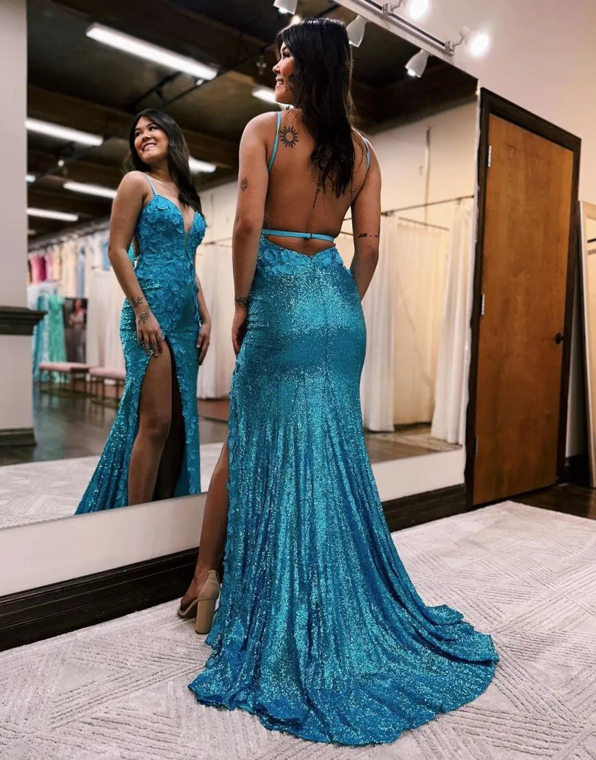 Wholesale Mermaid Open Back Long Prom Evening Dress With Split long prom dresses with sleeves